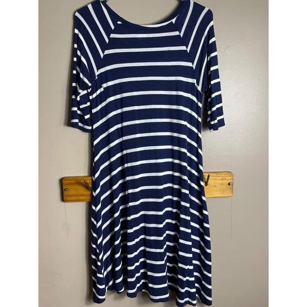 New Directions Dress Blue Stripe Knit Jersey Swing Trapeze Comfort Womens S - Picture 9 of 10